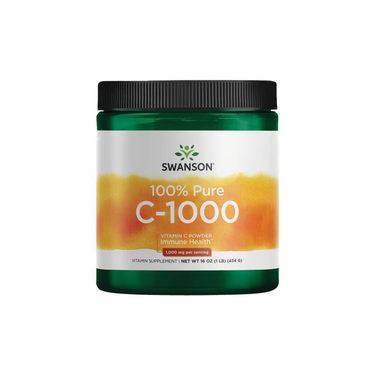 A 454 g container of Swanson 100% Pure C-1000 Vitamin C Powder, labeled for immune system health and antioxidant support.